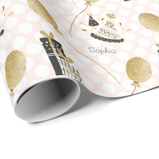 金ゴールドグリッターバルーンとパーティー帽子子供の誕生日 ラッピングペーパー (ロールコーナー)
