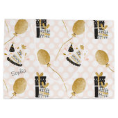 金ゴールドグリッターバルーンとパーティー帽子子供の誕生日 ラージペーパーバッグ (裏面)