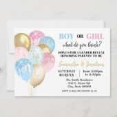 金ゴールドグリッターバルーンの性別はピンクまたは青で表示 招待状 (正面)