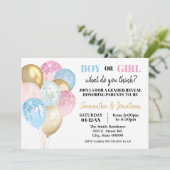 金ゴールドグリッターバルーンの性別はピンクまたは青で表示 招待状 (スタンド正面)