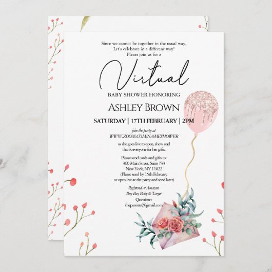 金ゴールドグリッターバルーンピンクフローラバーチャルシャワー 招待状 (正面/裏面)