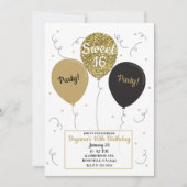 金ゴールドグリッターバルーン甘い16誕生日パーティー 招待状 (正面)
