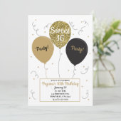 金ゴールドグリッターバルーン甘い16誕生日パーティー 招待状 (スタンド正面)