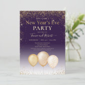金ゴールドグリッターバルーン紫の新年のイブパーティー 招待状 (スタンド正面)
