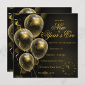 金ゴールドグリッターバルーン黒新年のイブパーティー 招待状 (正面/裏面)