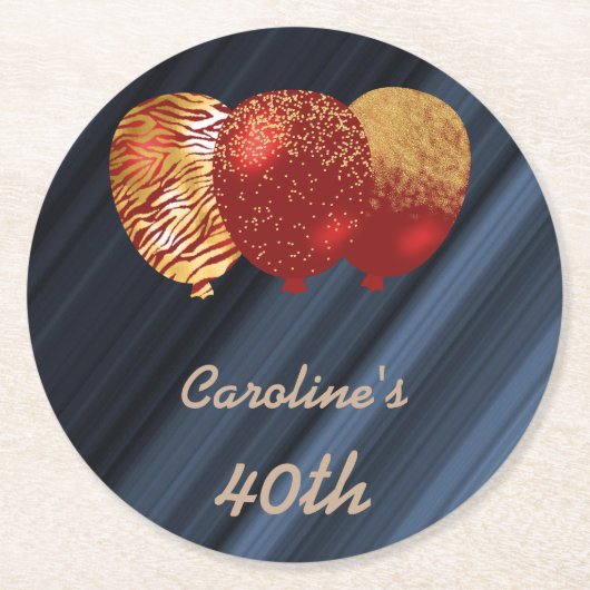 金ゴールドグリッターバルーン40th誕生日 ラウンドペーパーコースター (正面)