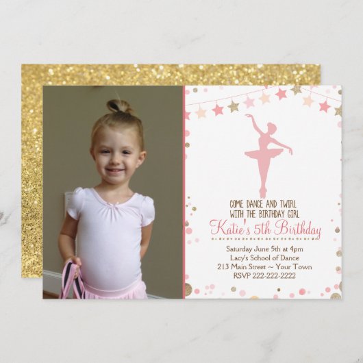 金ゴールドグリッターバレエダンス誕生日招待状 招待状 (正面/裏面)