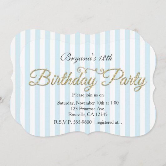金ゴールドグリッターバースデーパーティーブルー招待状 招待状 (正面/裏面)