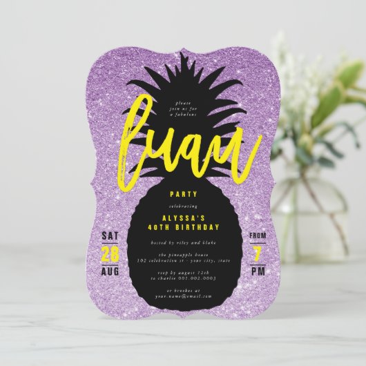金ゴールドグリッターパイナップルルアウ(ハワイ式宴会)誕生日パーティー招待状 招待状 (スタンド正面)