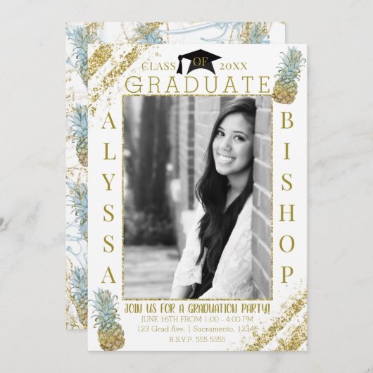 金ゴールドグリッターパイナップル写真卒業 招待状 (正面/裏面)
