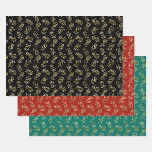 金ゴールドグリッターパイナップル熱帯クリスマス ラッピングペーパーシート (セット)