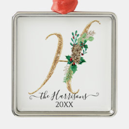 金ゴールドグリッターパインコーンホリークリスマスモノグラムH メタルオーナメント