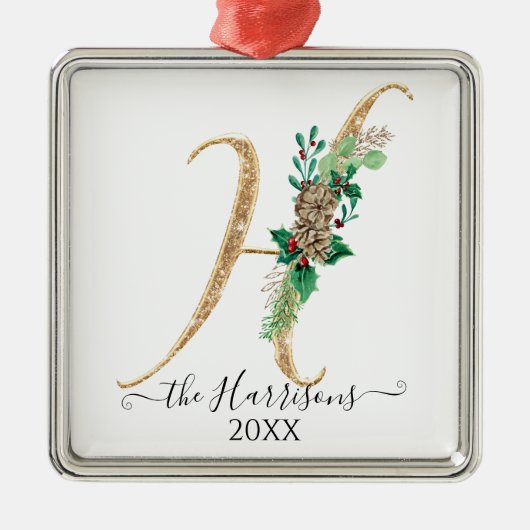 金ゴールドグリッターパインコーンホリークリスマスモノグラムH メタルオーナメント (正面)