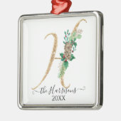 金ゴールドグリッターパインコーンホリークリスマスモノグラムH メタルオーナメント (左)