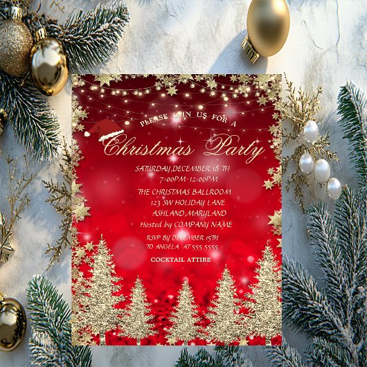 金ゴールドグリッターパインツリー、スターズレッド《写真》ぼけ味会社 招待状