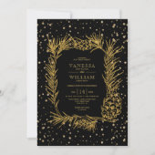 金ゴールドグリッターパイン、紙吹雪黒い冬の結婚式 招待状 (正面)