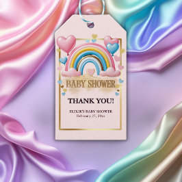 金ゴールドグリッターパステルハートとレインボーベビーシャワー ギフトタグ