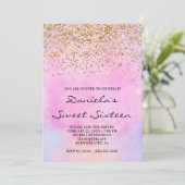 金ゴールドグリッターパステルピンクウォーターカラーSweet sixteen 招待状 (スタンド正面)