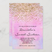金ゴールドグリッターパステルピンクウォーターカラーSweet sixteen 招待状 (正面/裏面)