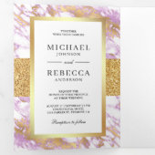 金ゴールドグリッターパステルラベンダーマーブルフォト結婚ズ 三つ折り招待状 (内部最初)