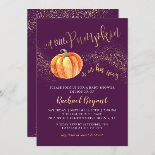 金ゴールドグリッターパンプキンパープルガールベビーシャワー 招待状 (正面/裏面)