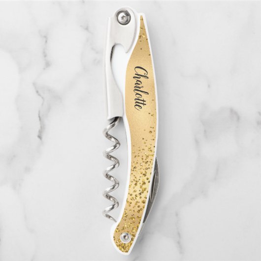 金ゴールドグリッターパーソナライズされたの花嫁コルクねじ ソムリエナイフ (正面)