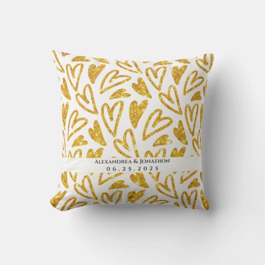 金ゴールドグリッターパーソナライズされたハート結婚 クッション (正面)