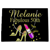 金ゴールドグリッターパーソナライズされた50TH誕生日抱き枕 ラージペーパーバッグ (正面)