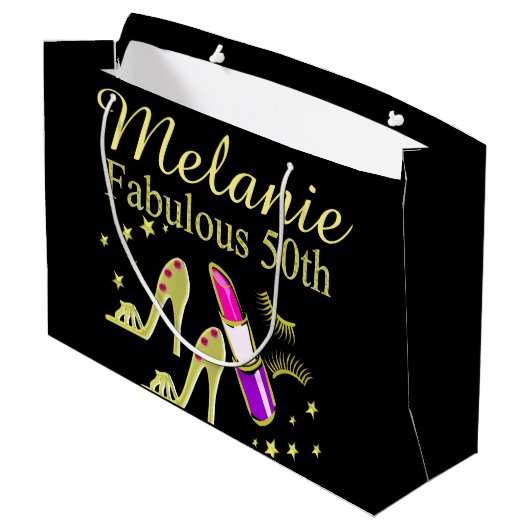 金ゴールドグリッターパーソナライズされた50TH誕生日抱き枕 ラージペーパーバッグ (裏面アングル)