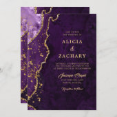 金ゴールドグリッターパープルアゲ結婚ート 招待状 (正面/裏面)