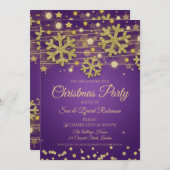 金ゴールドグリッターパープルクリスマスホリデーパーティ 招待状 (正面/裏面)