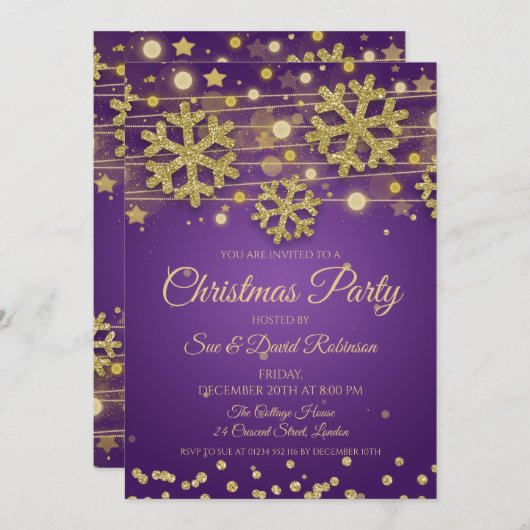 金ゴールドグリッターパープルクリスマスホリデーパーティ 招待状 (正面/裏面)