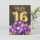 金ゴールドグリッターパープルバルーン16th誕生日パーティー 招待状 (スタンド正面)