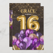 金ゴールドグリッターパープルバルーン16th誕生日パーティー 招待状 (正面/裏面)