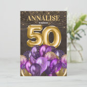 金ゴールドグリッターパープルバルーン50th誕生日パーティー 招待状 (スタンド正面)