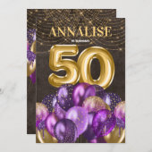 金ゴールドグリッターパープルバルーン50th誕生日パーティー 招待状 (正面/裏面)
