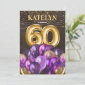 金ゴールドグリッターパープルバルーン60th誕生日パーティー 招待状 (スタンド正面)