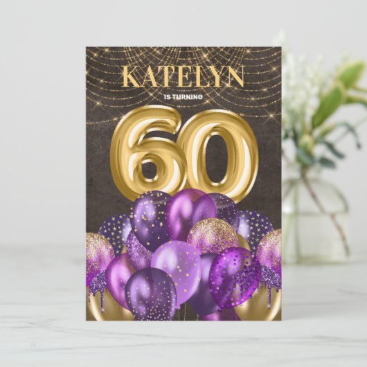 金ゴールドグリッターパープルバルーン60th誕生日パーティー 招待状 (スタンド正面)