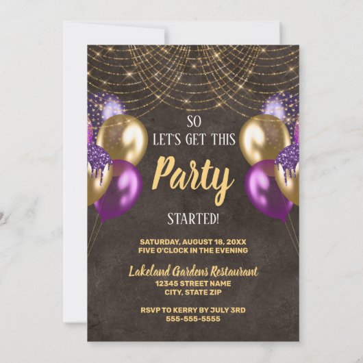 金ゴールドグリッターパープルバルーン60th誕生日パーティー 招待状 (裏面)