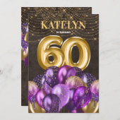 金ゴールドグリッターパープルバルーン60th誕生日パーティー 招待状 (正面/裏面)