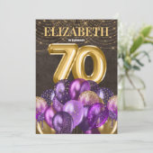 金ゴールドグリッターパープルバルーン70th誕生日パーティー 招待状 (スタンド正面)