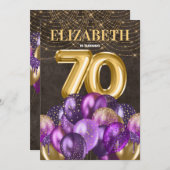 金ゴールドグリッターパープルバルーン70th誕生日パーティー 招待状 (正面/裏面)