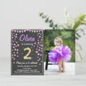 金ゴールドグリッターパープルピンク誕生日招待状 招待状 (スタンド正面)