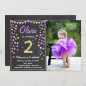 金ゴールドグリッターパープルピンク誕生日招待状 招待状 (正面/裏面)