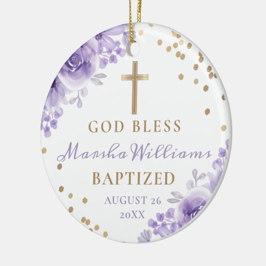 金ゴールドグリッターパープルフローラガールバプテスマ写真 セラミックオーナメント (左)