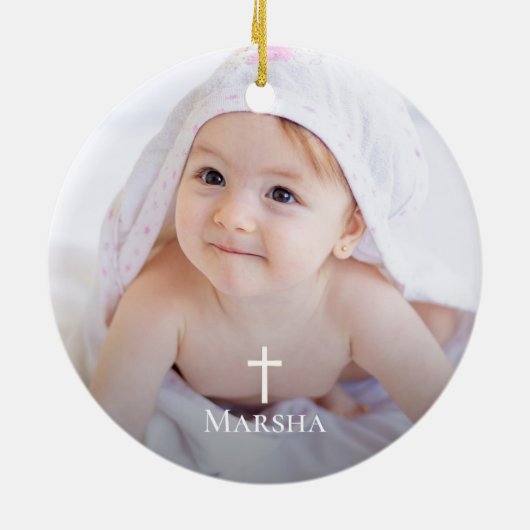 金ゴールドグリッターパープルフローラガールバプテスマ写真 セラミックオーナメント (裏面)