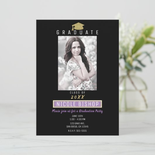 金ゴールドグリッターパープルマーブルグラムディスタンスパーティー 招待状 (スタンド正面)