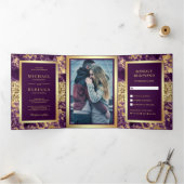 金ゴールドグリッターパープルマーブルフォト結婚ズ 三つ折り招待状 (内部)