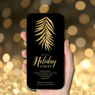 金ゴールドグリッターパームオンブラッククリスマスホリデー 招待状