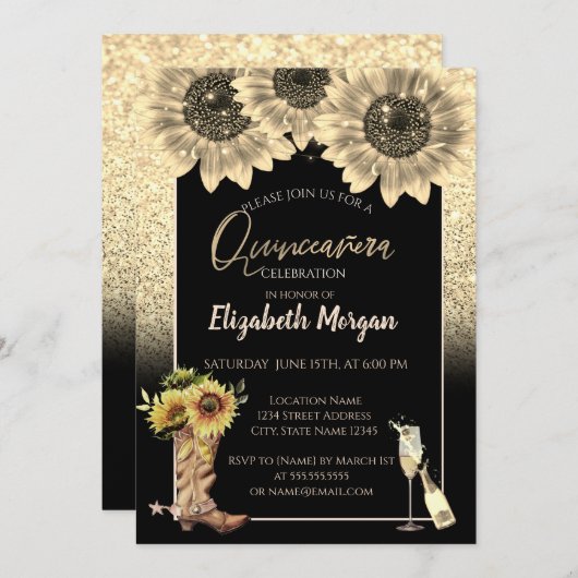 金ゴールドグリッターヒマワリ素朴カキンセアニェラ 招待状 (正面/裏面)